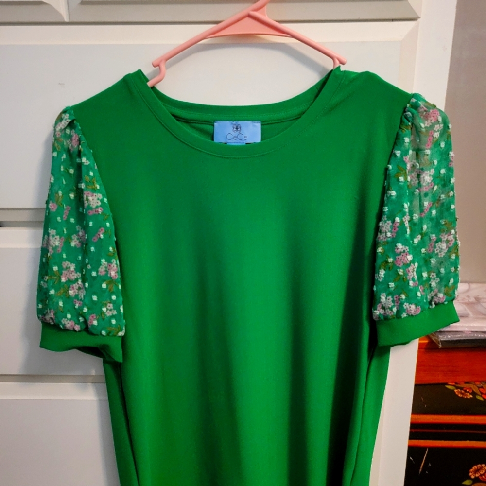 A adorable green short sleeve short,with embroidered tiny flowered sleeves